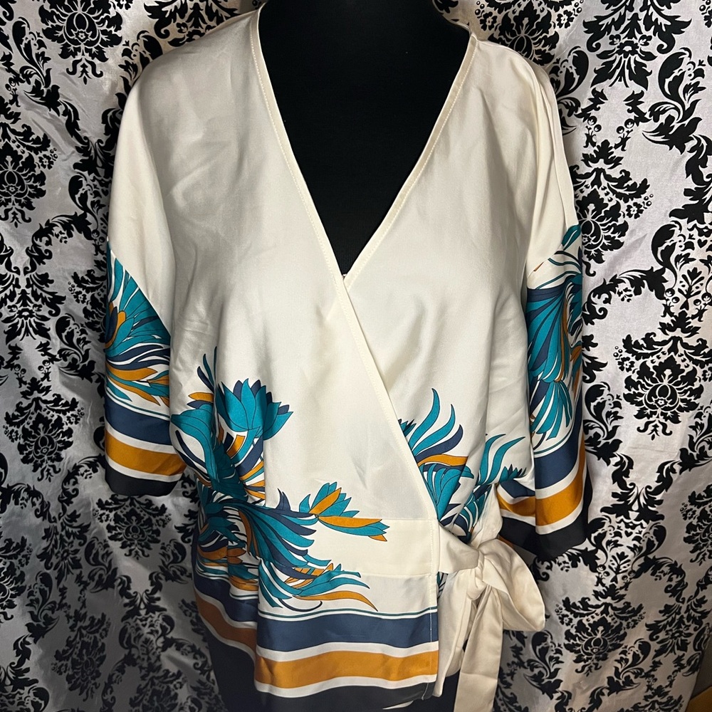 Nine West Floral Wrap Top and matching Cropped Pants- Cream and Teal
